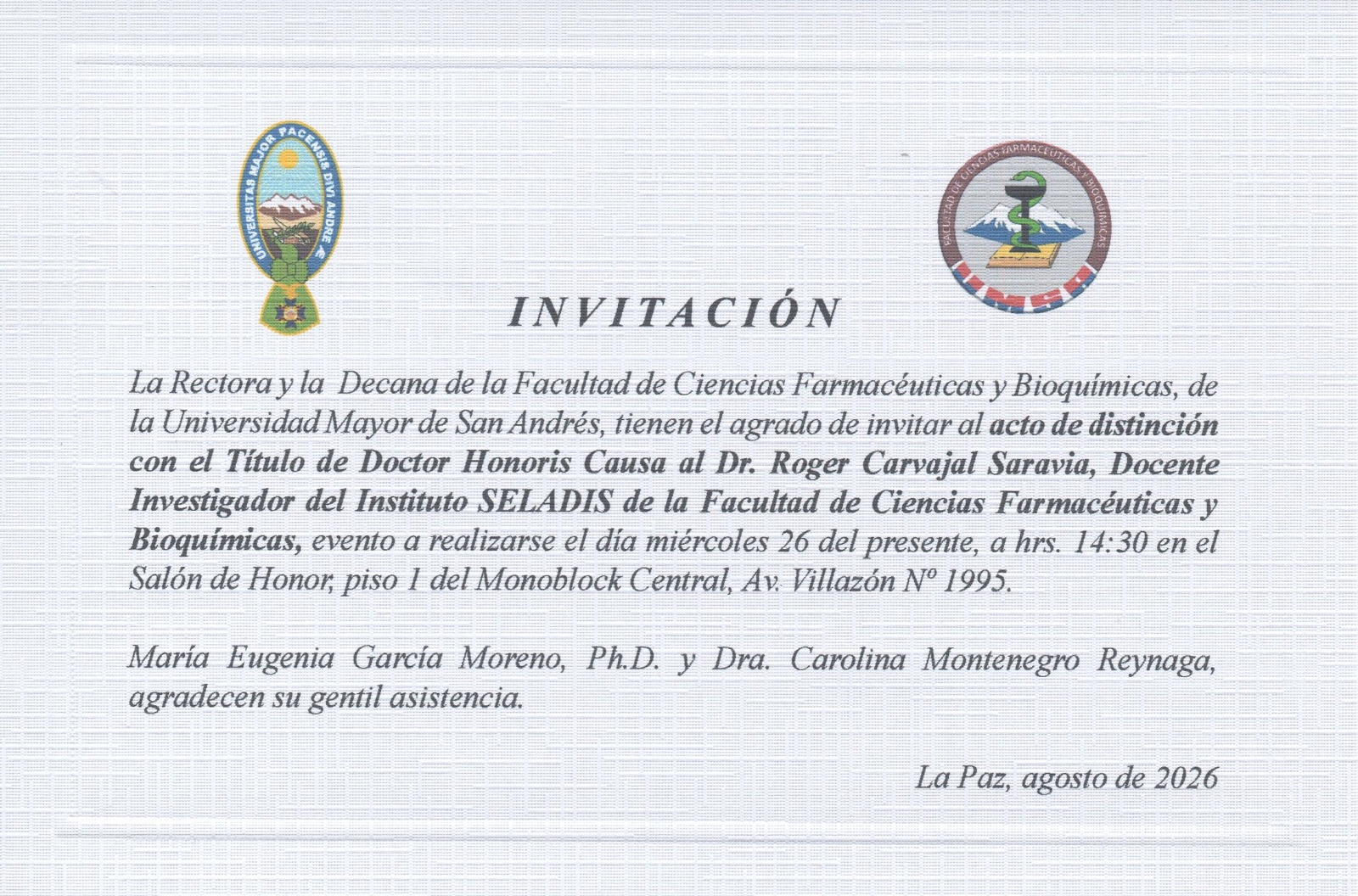 Invitación al Acto de Condecoración UMSA